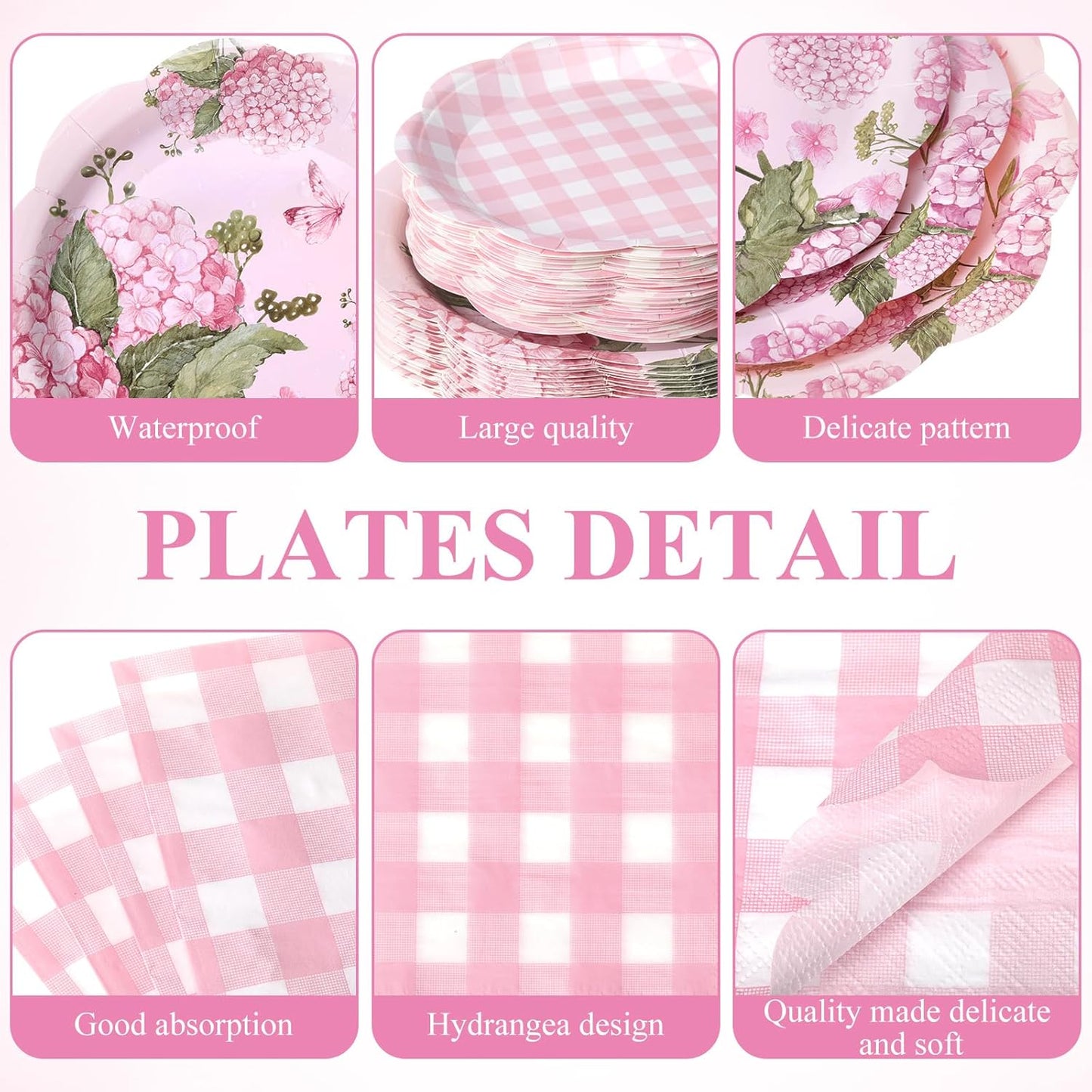 Pickmesh 250 Pcs Pink Hydrangea Party Supplies Pink Floral Gingham Checkered Paper Plates Napkins and Cups Hydrangea Disposable Tableware Set for Summer Wedding Birthday Tea Party Decorations Serve 50