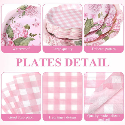 Pickmesh 250 Pcs Pink Hydrangea Party Supplies Pink Floral Gingham Checkered Paper Plates Napkins and Cups Hydrangea Disposable Tableware Set for Summer Wedding Birthday Tea Party Decorations Serve 50