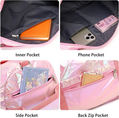Gym Bag Sports Duffle Bag with Wet Pocket Weekender Overnight Bags with Waterproof Shoe Compartment for Girls Kids Women Travel Dance Yoga Workout Bags (Pink)