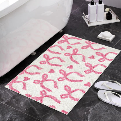 Tinideya Pink Bow Bathroom Rug 20 x 32 Inch Non Slip Washable Bath Mat Coquette Aesthetic Cute Carpet for Vanity Sink Shower Bedroom Preppy Room Decor