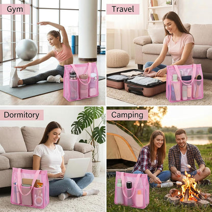 Mesh Shower Bag, Portable Gym Shower Caddy Pink Bathroom Shower Bag with Zipper & Pockets Multifunctional Gym Travel Camp Dorm Room Essentials for Women and College Student Girl