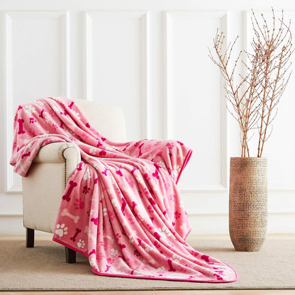 Allisandro Luxurious Dog Blanket, 350 GSM Super Fuzzy Microplush Fleece Pet Blankets for Small Medium Large Dogs and Cats, Pink Paw and Bone, 32" x 24"
