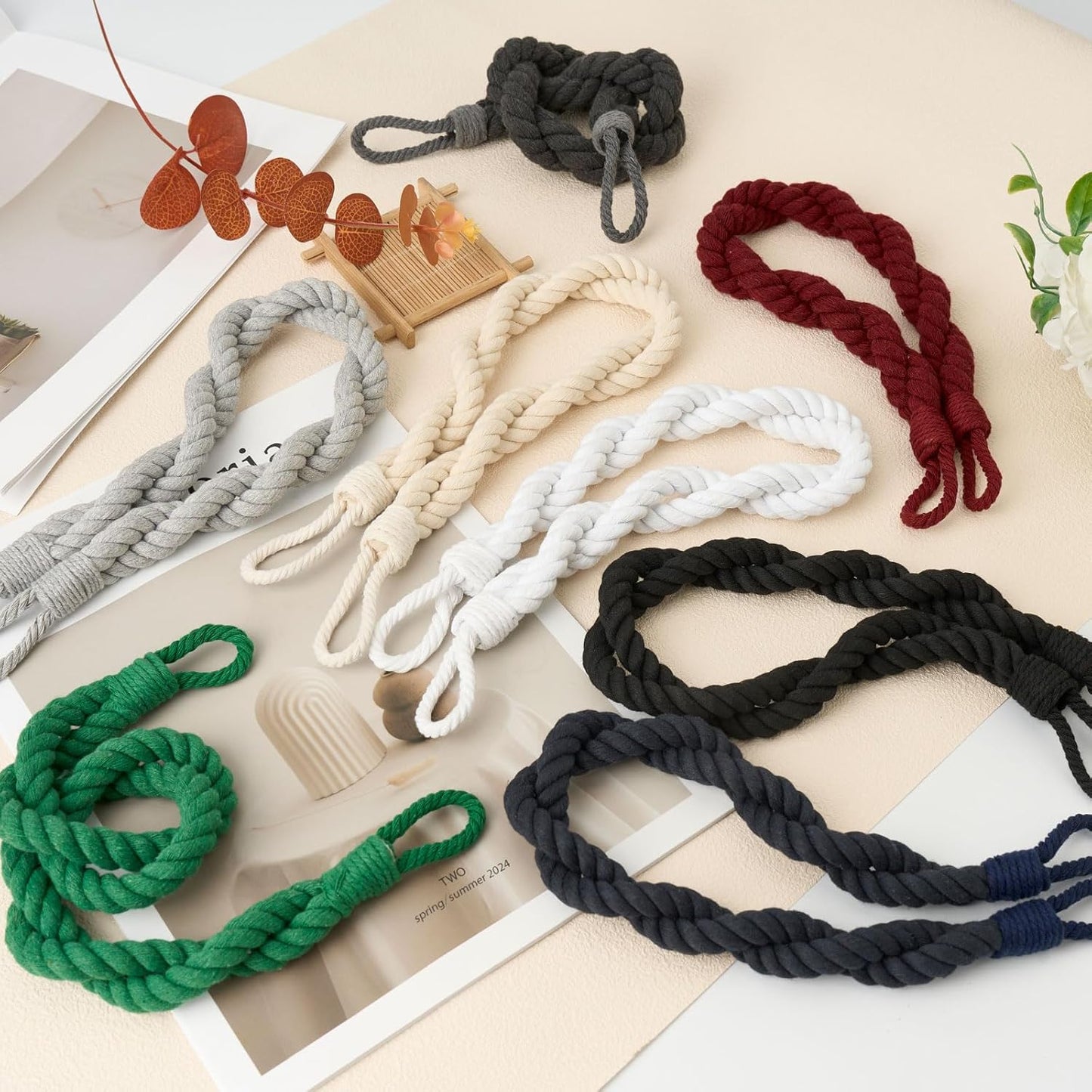 NICEEC 2 Pack Natural Cotton Rope Curtain Tiebacks Elegant Boho Style Decor Drape Tie Backs Soft Hand-Woven Double Rope Curtain Holdbacks with Metal Hook for Home & Office Drapery (Pink)