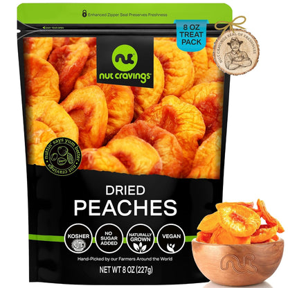 NUT CRAVINGS - Dried California Peaches, No Sugar Added, Unsweetened (8oz, 1 Pack) Sweet Healthy Snack, Vegan, Kosher, Resealable Bag