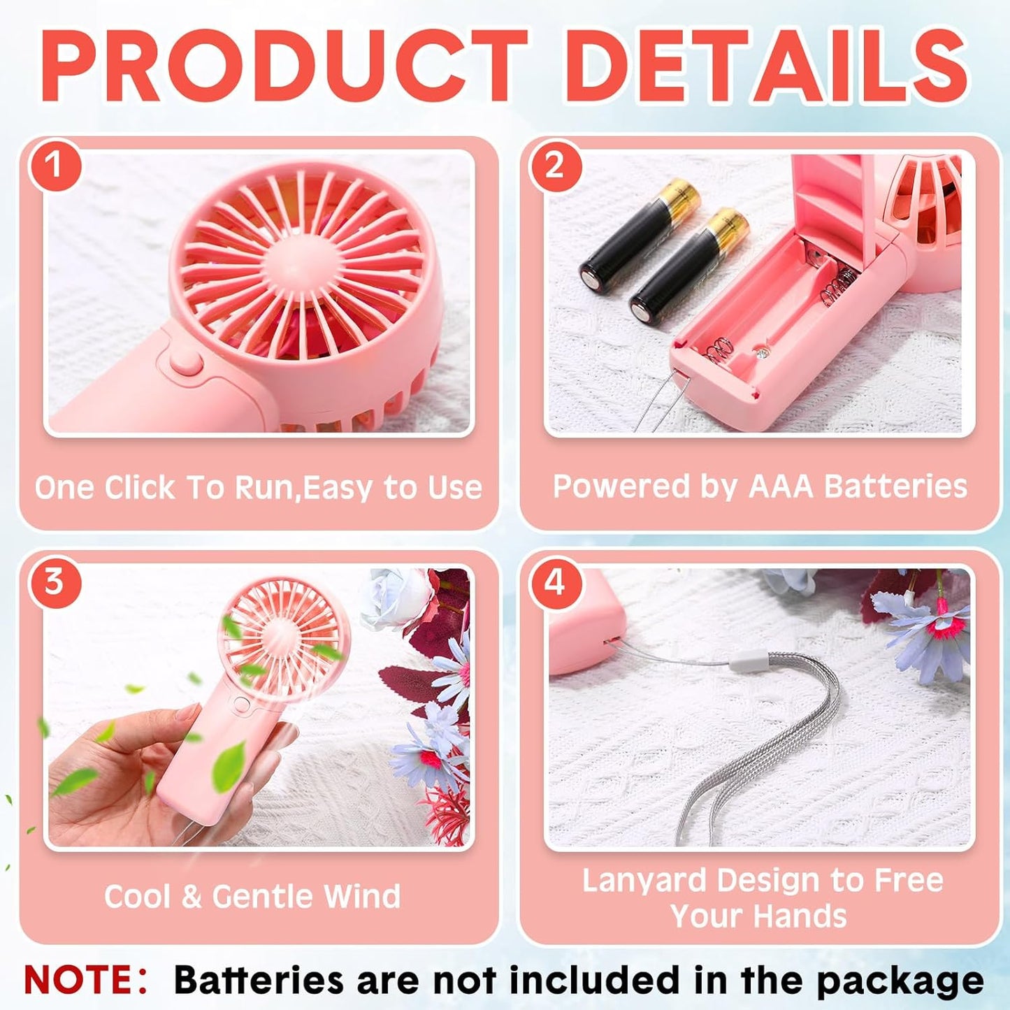 Rossesay 30 Pcs Mini Portable Fan Handheld Battery Operated Portable Small Personal Fans for Summer Travel Beach Indoor Outdoor Cooling Gift (Pink)