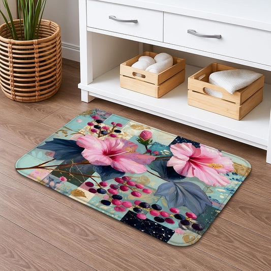 Floral Pattern Quick Dry Bath Mat, Elegant Peach Flowers Artistic Absorbent Non Slip Shower Mat, Spring Memory Foam Washable Bath Rugs for Bathroom Toilet Restroom Decorative 20x32 Inch