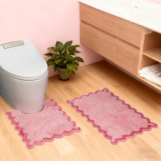 ORTIGIA Cute Scalloped Bathroom Rugs Set,Candy Pink Plush Microfiber Scallop Bath Mats Non Slip Washable Quick Dry Absorbent Rug Carpet for Sink Laundry Room Bedroom,20" x 30" + U Shape 20" x 24"