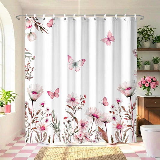 Watercolor Floral Decorative Shower Curtain,Pink Wildflower Bathroom Curtains,Butterfly Waterproof Polyester Fabric Bath Curtain Decor,72x72 Inches