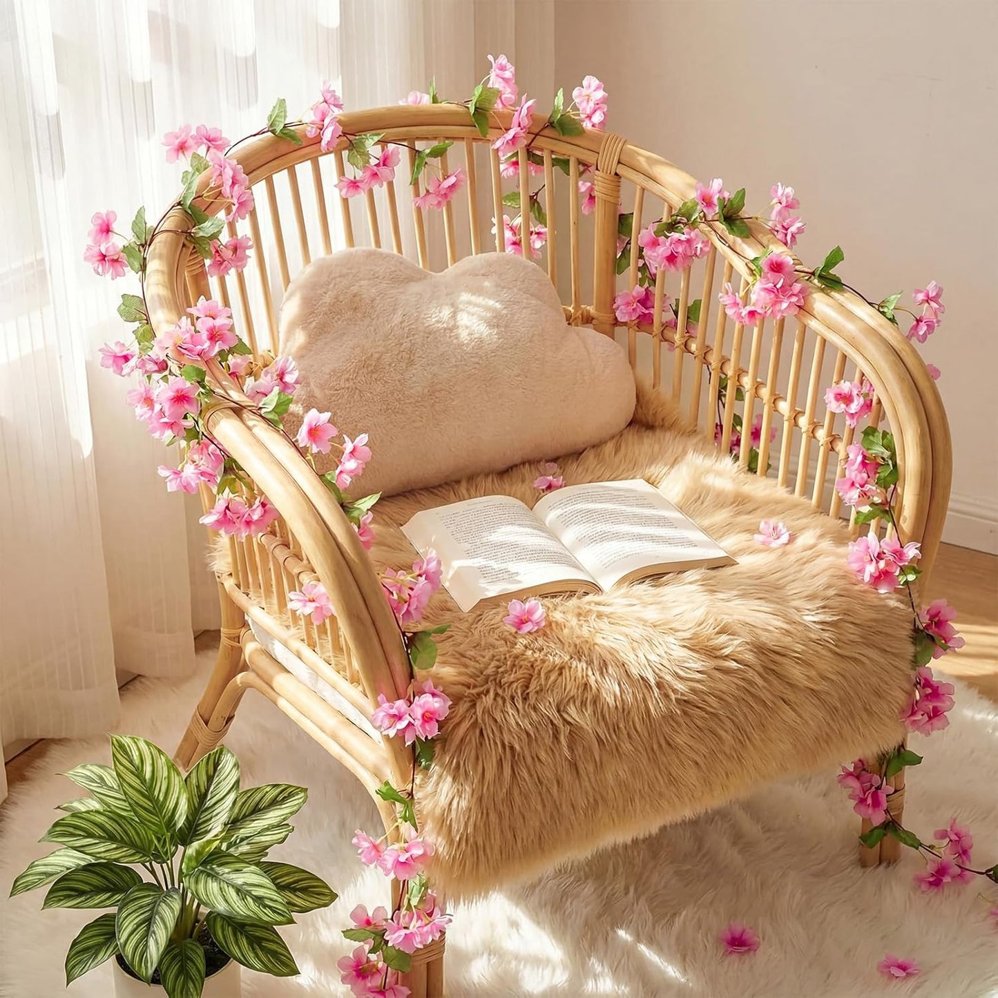 Nuenen 12 Pcs 92.5 FT Artificial Cherry Blossom Flower Vines Bulk Faux Cherry Hanging Garland Pink Flower Vines Silk Flowers Garland with Green Leaves for Party Decor (Rose Red)