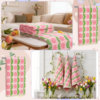 HunnmingRe 2 Pcs Tulip Hand Towels for Bathroom Pink Tulip 100% Cotton Decorative Bath Towel Set Soft Absorbent Floral Kitchen Cloths for Spring Bathroom Kitchen Housewarming Gifts, 14 x 29 Inch