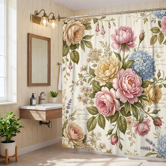 Peony Shower Curtain, Vintage Floral Rose Hydrangea Spring Pastel Peach Waterproof Fabric Toile Cloth Shower Curtains for Bathroom Bathtub Apartment Decor 72x72 Inch