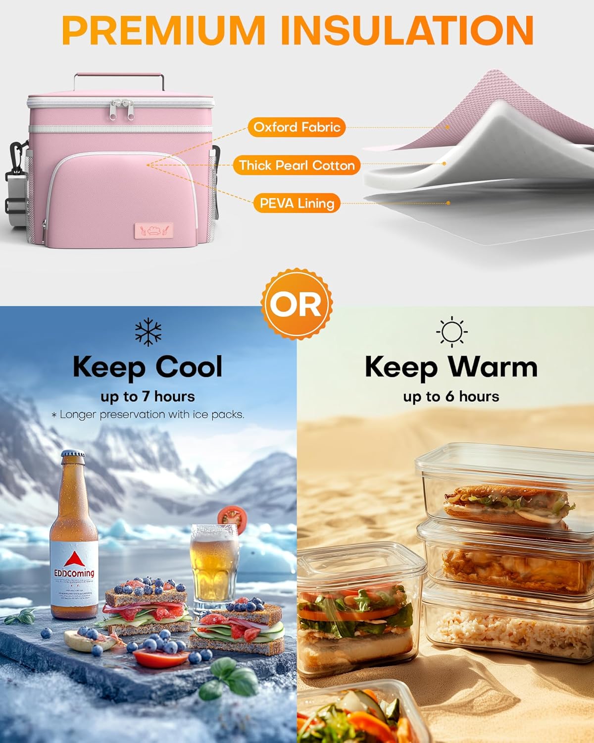 HOTOR Insulated Lunch Box for Men & Women - Leak-Proof Cooler Lunch Bag with 4 Pockets, Adjustable Strap, Ideal for Work, Picnic, Travel - Medium, Light Pink, 10.2"×6.9"×8.5"