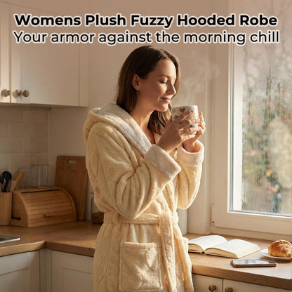 LYCY Womens Hooded Fuzzy Robe, Short Plush Heart Jacquard Bathrobe, Cozy Fleece Robe with Pockets