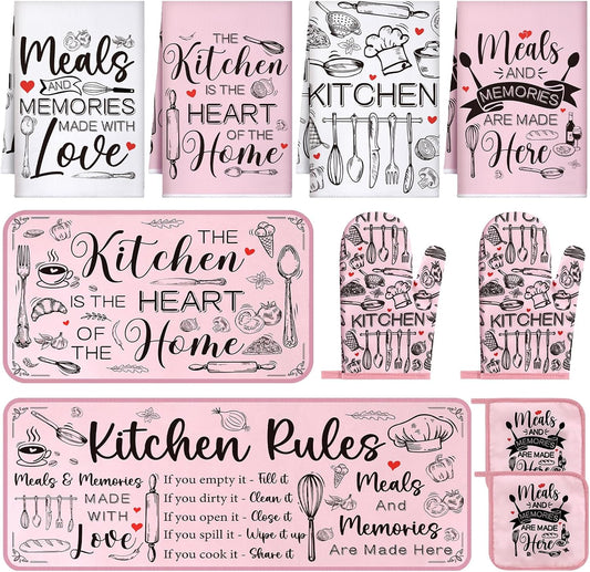Fourluoo 10 Pcs Pink Kitchen Decor Oven Mitts and Pot Holders Sets Pink Dish Towels Vintage Kitchen Rugs and Mats for Home Wedding Farmhouse Decorations Baking Cooking Birthday Gifts Accessories