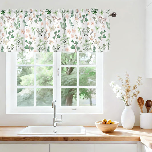 Spring Wildflower Green Leaves Valance for Windows,Window Treatment Curtains Rod Pocket Sheer Small Short Valance for Kitchen Bathroom Laundry Basement,42Wx12L inch,Watercolor Pink Floral