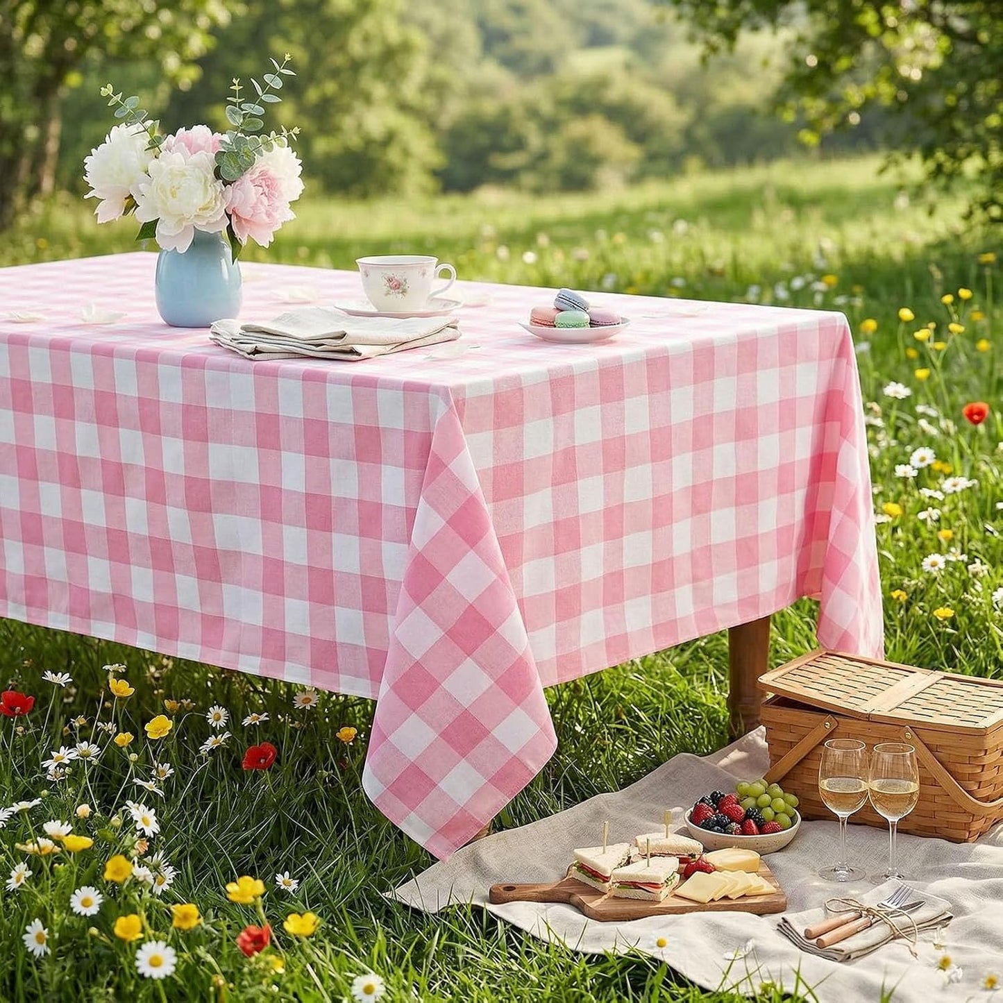 B-COOL Pink Plaid Tablecloth Easter Checkered Tablecloth Fabric Pink and White Gingham Flag Table Cover for Parties, Valentines, Race Car Birthday Party, Birthday, Outdoor Picnic, 56x84inch