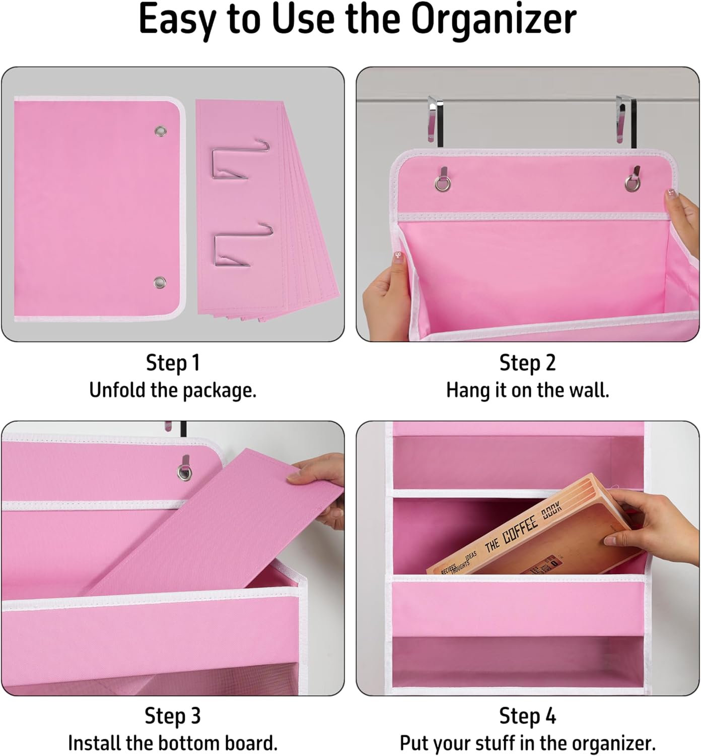 TYMENSH Pink Over Door Organizer with 4 Large Clear Pockets, Hanging Door Storage for Nursery, Bedroom, Bathroom, Closet, Toys, Diapers, Cosmetics, Baby Essentials