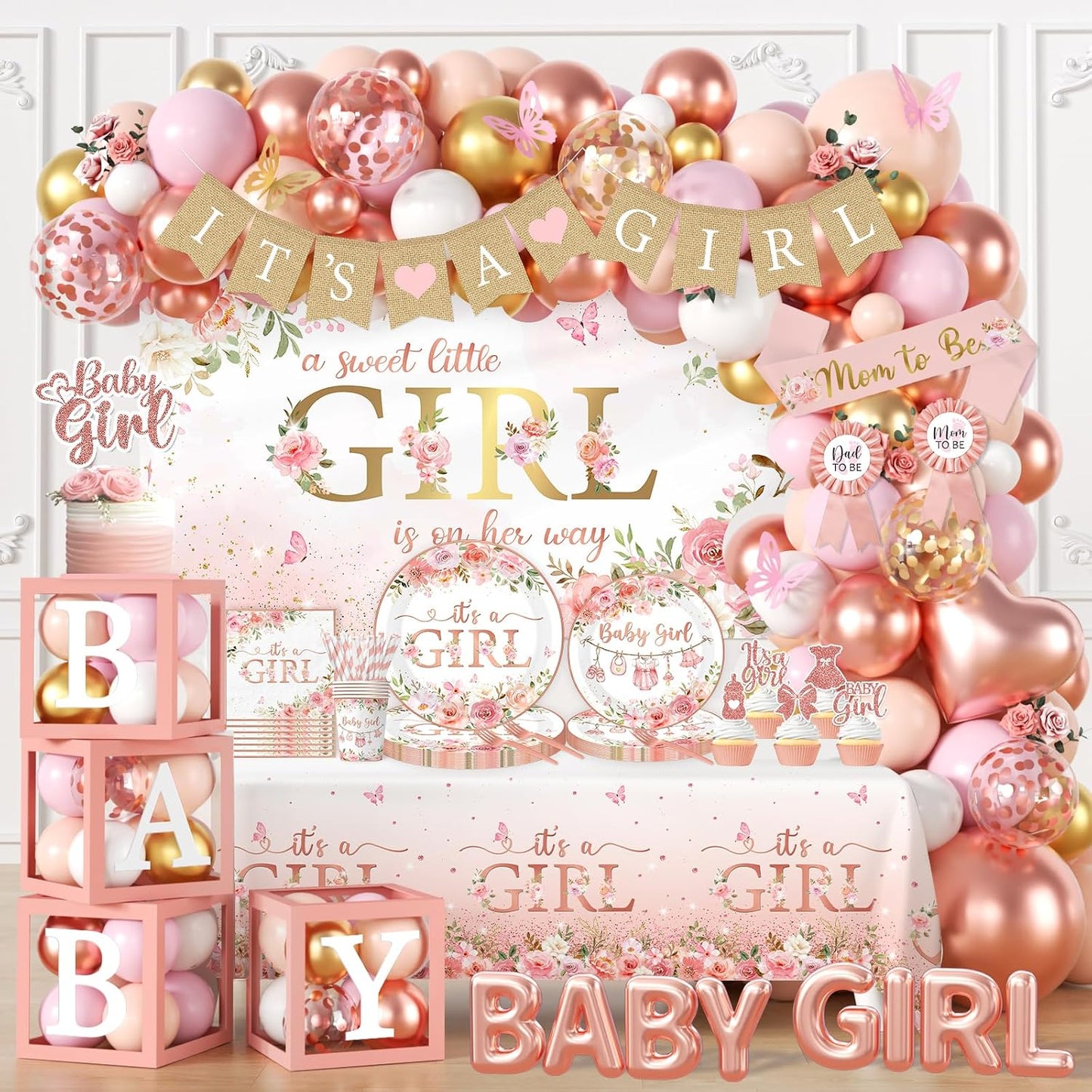 Baby Shower Girl Decorations,258pcs Pink Gold Baby Shower Decorations Girl Plates And Napkins Cups Banner Backdrop Tablecloth Cake Topper Balloon For A Sweet Little Girls Is On The Way Supplies