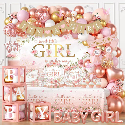 Baby Shower Girl Decorations,258pcs Pink Gold Baby Shower Decorations Girl Plates And Napkins Cups Banner Backdrop Tablecloth Cake Topper Balloon For A Sweet Little Girls Is On The Way Supplies
