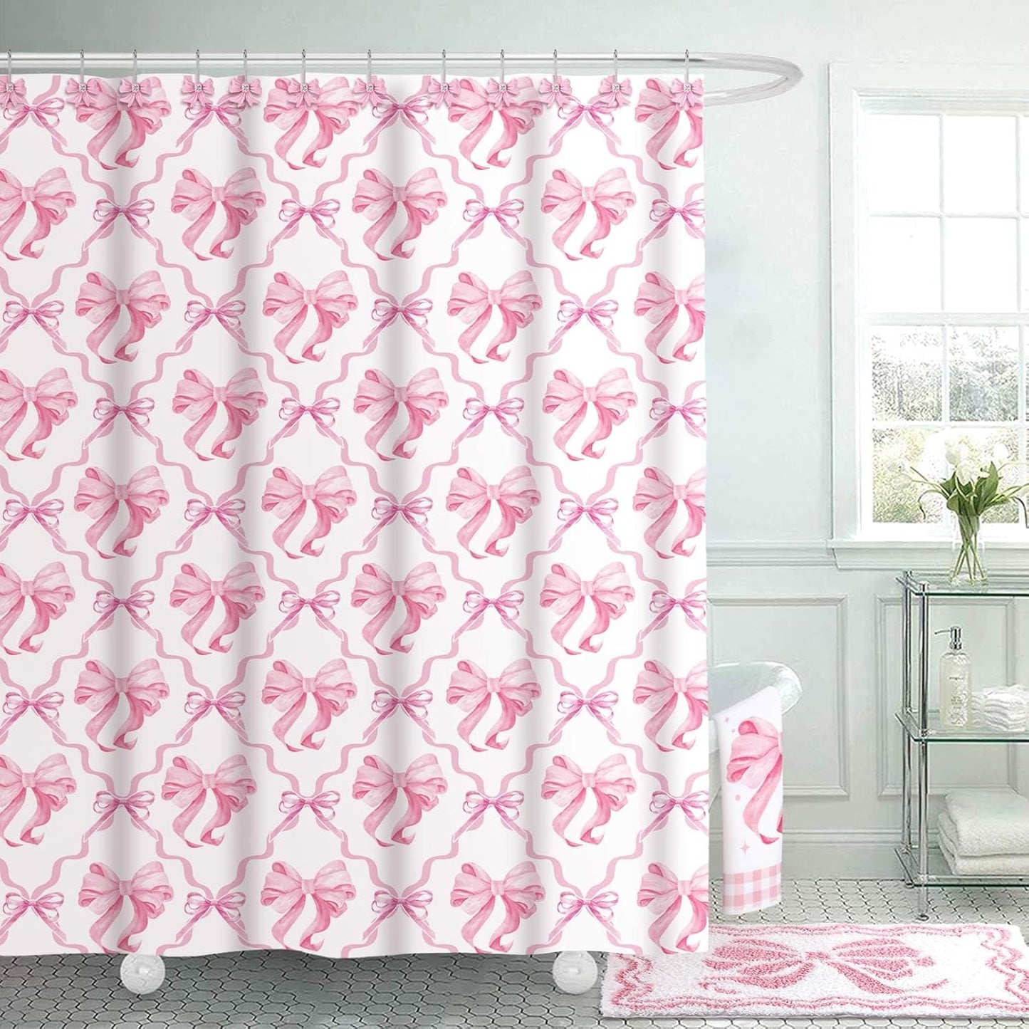 Fourluoo 18 Pcs Pink Bow Shower Curtain Set with 12 Decorative Shower Curtain Hooks Pink Bow Knot Bathroom Towels Coquette Non Slip Absorbent Microfiber Rug for Christmas Modern Aesthetic Bathroom