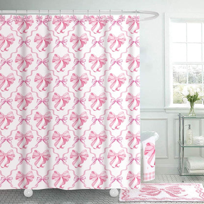 Fourluoo 18 Pcs Pink Bow Shower Curtain Set with 12 Decorative Shower Curtain Hooks Pink Bow Knot Bathroom Towels Coquette Non Slip Absorbent Microfiber Rug for Christmas Modern Aesthetic Bathroom