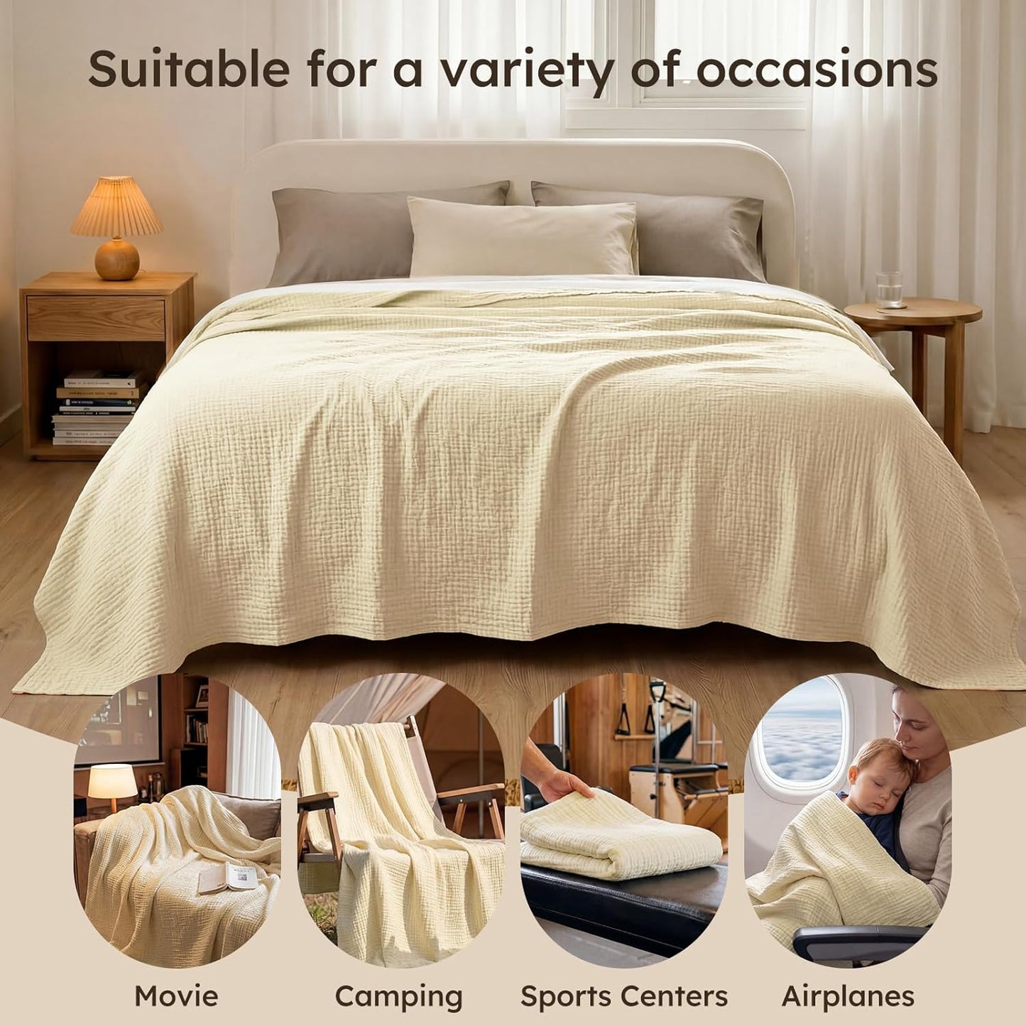 Unnivoll 100% Cotton Muslin Blanket Queen Size 90" x 90" for Bed Couch Summer Gauze Blanket for Adults Lightweight and Breathable Apricot