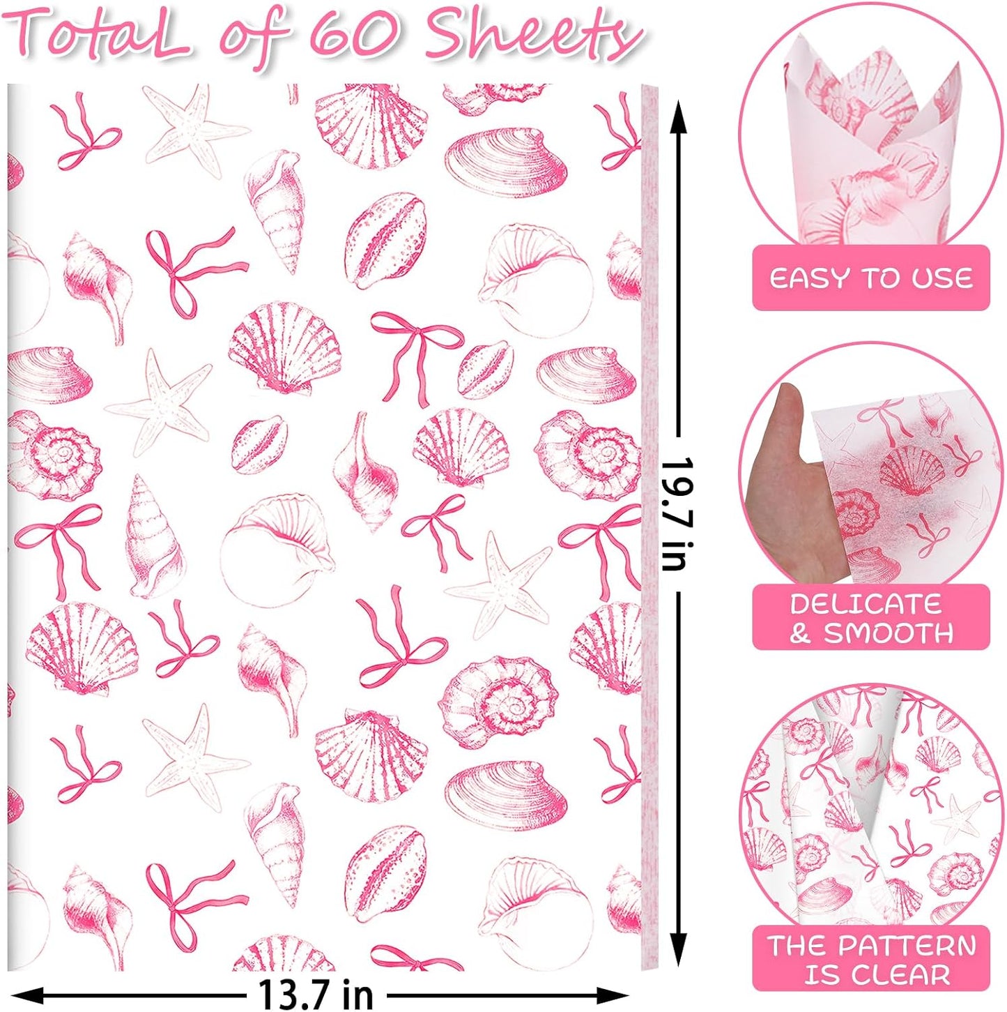 60 Sheets Pink Shell Themed Tissue Paper, 20 x 14 Inches, Premium Decorative Tissue Paper for Gift Wrapping, DIY Crafts, Beach Theme Party, Birthday, Baby Shower & Holiday Decor