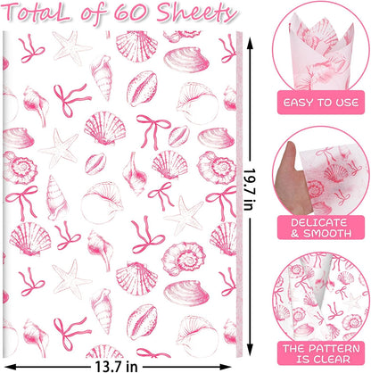 60 Sheets Pink Shell Themed Tissue Paper, 20 x 14 Inches, Premium Decorative Tissue Paper for Gift Wrapping, DIY Crafts, Beach Theme Party, Birthday, Baby Shower & Holiday Decor