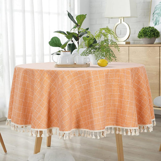 ShinyBeauty Round Tablecloth Cotton Linen Tablecloth Wrinkle Free Dust-Proof Table Cloth Washable Rustic Lattice Table Cloth 55" Coral Stitching Tassel Cotton Tablecloth for Home Kitchen Party Holiday