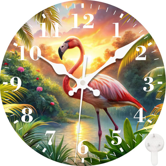 Wall Clock, Summer Pink Flamingo Silent Non Ticking Battery Operated Round Decorative Indoor Outdoor Clocks for Living Room Kitchen Bedroom Bathroom Patio 12"