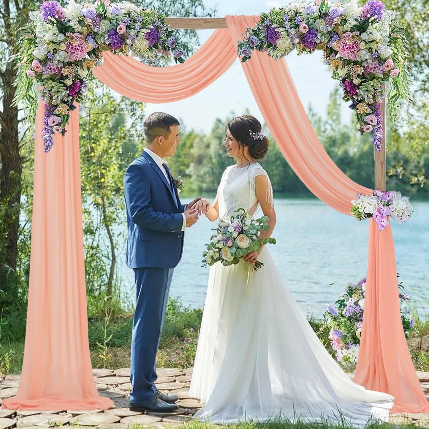 FUHSY Wedding Arch Draping Fabric Peach Pink Chiffon Fabric Drapes 20FT 1 Panel Sheer Curtains Wedding Arch Backdrop for Party Ceiling Decorations Weddings Ceremony Drape Fabrics for Arbor Archs Decor