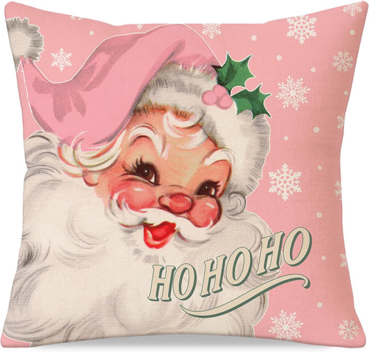 Christmas Throw Pillow Cover 18x18 Inch, Vintage Santa Claus Snowflake Blush Pink Decorative Cushion Case, Outdoor Pastel Xmas Winter Holiday Decoration for Sofa Couch Home Decor