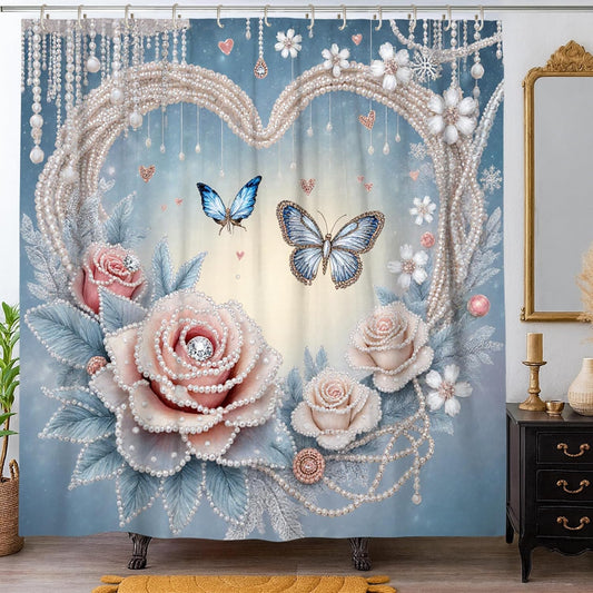 Rose Shower Curtain, Romantic Elegant Butterfly Pearl Spring Pastel Peach Washable with Hooks Toile Cloth Shower Curtains for Bathroom Toile Guest Room Decor 72x72 Inch