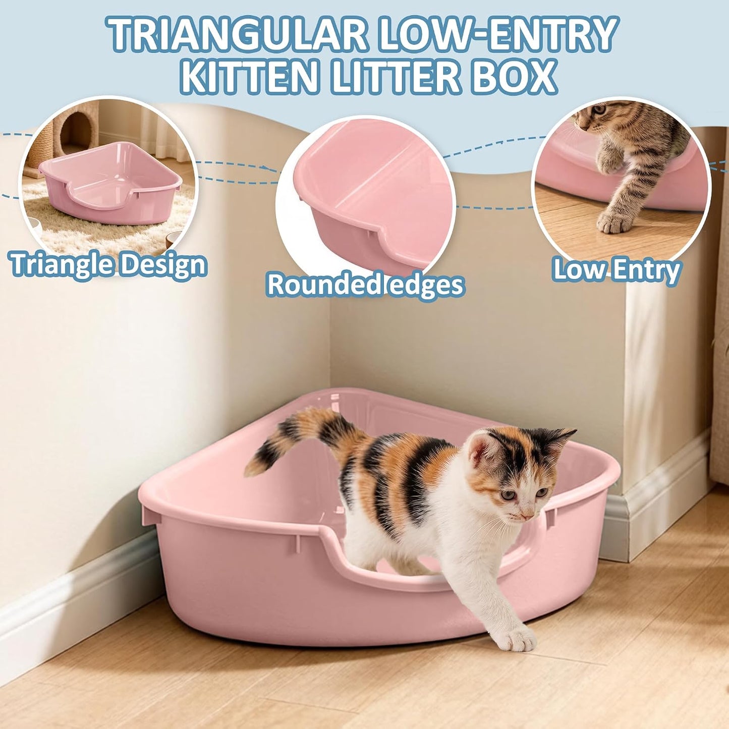 Triangle Corner Cat Litter Box, Low Entry Small Plastic Pan for Kittens, Newborn Cats & Small Pets