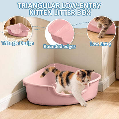 Triangle Corner Cat Litter Box, Low Entry Small Plastic Pan for Kittens, Newborn Cats & Small Pets