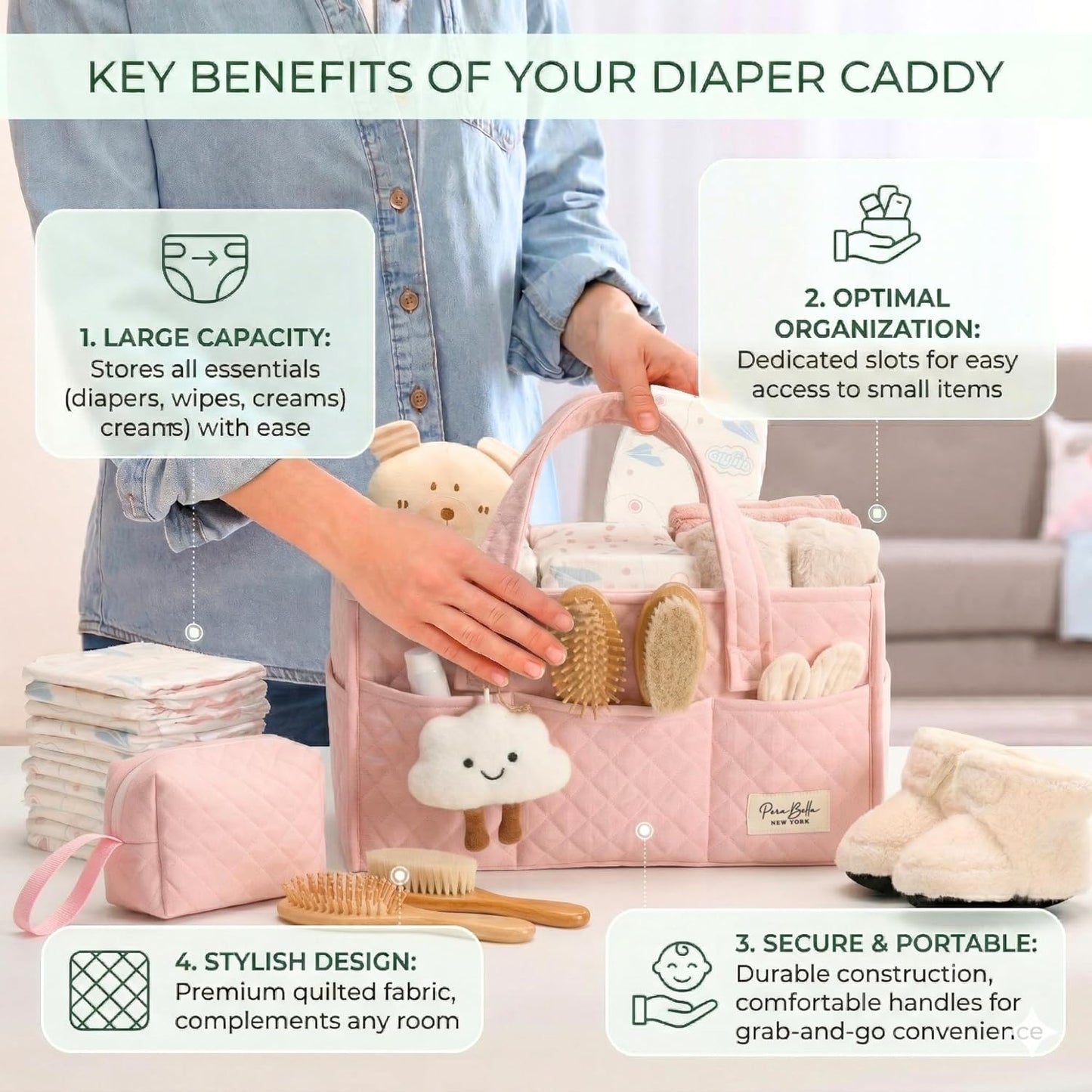 PeraBella Baby Diaper Caddy Organizer, Baby Basket Shower Gift, Portable Changing Table Basket, Postpartum Caddy & Tote Bag Pouch, Newborn Boy & Girl Nursery Essentials Registry, Car Diaper Organizer