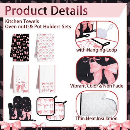 10 Pcs Cute Pink Bow Kitchen Decor and Accessories - Valentines Day Sets 4 Dish Towels 2 Pot Holders 2 Oven Mitts 2 Rugs for Kitchen Bathroom Home Cooking Housewarming Baking Daughter Mom Gift