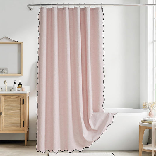 KGORGE Pink Shower Curtain Scalloped, Blush Cute Linen Textured Privacy Boho Heavy Duty Waterproof Washable Shower Curtain Set for Bathroom Home Decor with 12 Metal Hooks, 72 x 72 inches Long