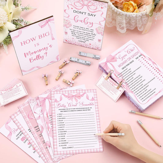 Funnymoom 426 Pcs Pink Bow Baby Shower Games Set-8 Games, Includes Baby Shower Bingo, Price is Right, Guess Who, Word Scramble, Prediction and Advice, How Big is Mommy's Belly, Don't Say the Words