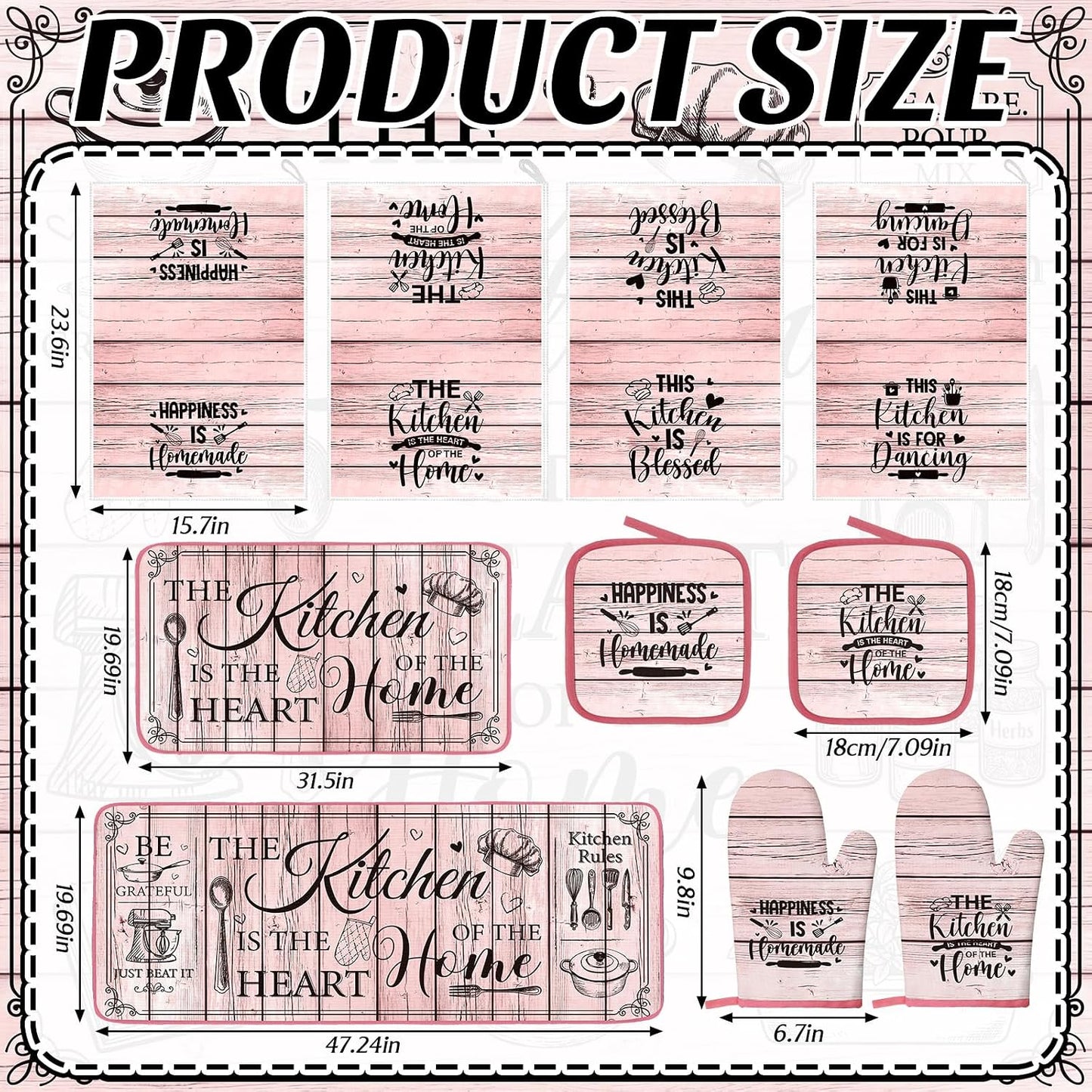 Fourluoo 10 Pcs Farmhouse Pink Kitchen Decor and Accessories Set Kitchen Towels and Rugs Pot Holders Oven Mitts for Cooking Baking Mom Housewarming Gifts