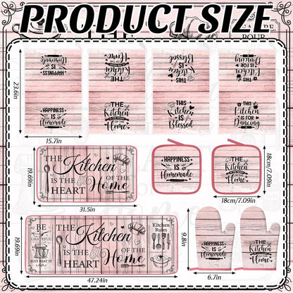 Fourluoo 10 Pcs Farmhouse Pink Kitchen Decor and Accessories Set Kitchen Towels and Rugs Pot Holders Oven Mitts for Cooking Baking Mom Housewarming Gifts