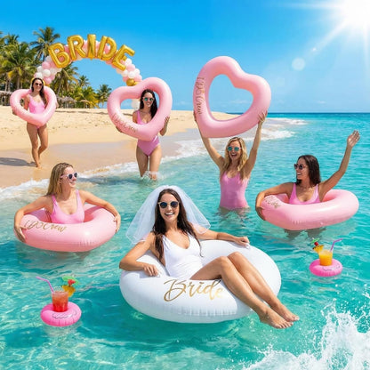 Thenshop 6 Pcs Bachelorette Pool Floats - 1 Diamond Ring & 5 Pink Heart Loungers - Inflatable Party Decorations for Bridal Shower, Engagement, Weddings - Photo Props for Bride & Bridesmaids