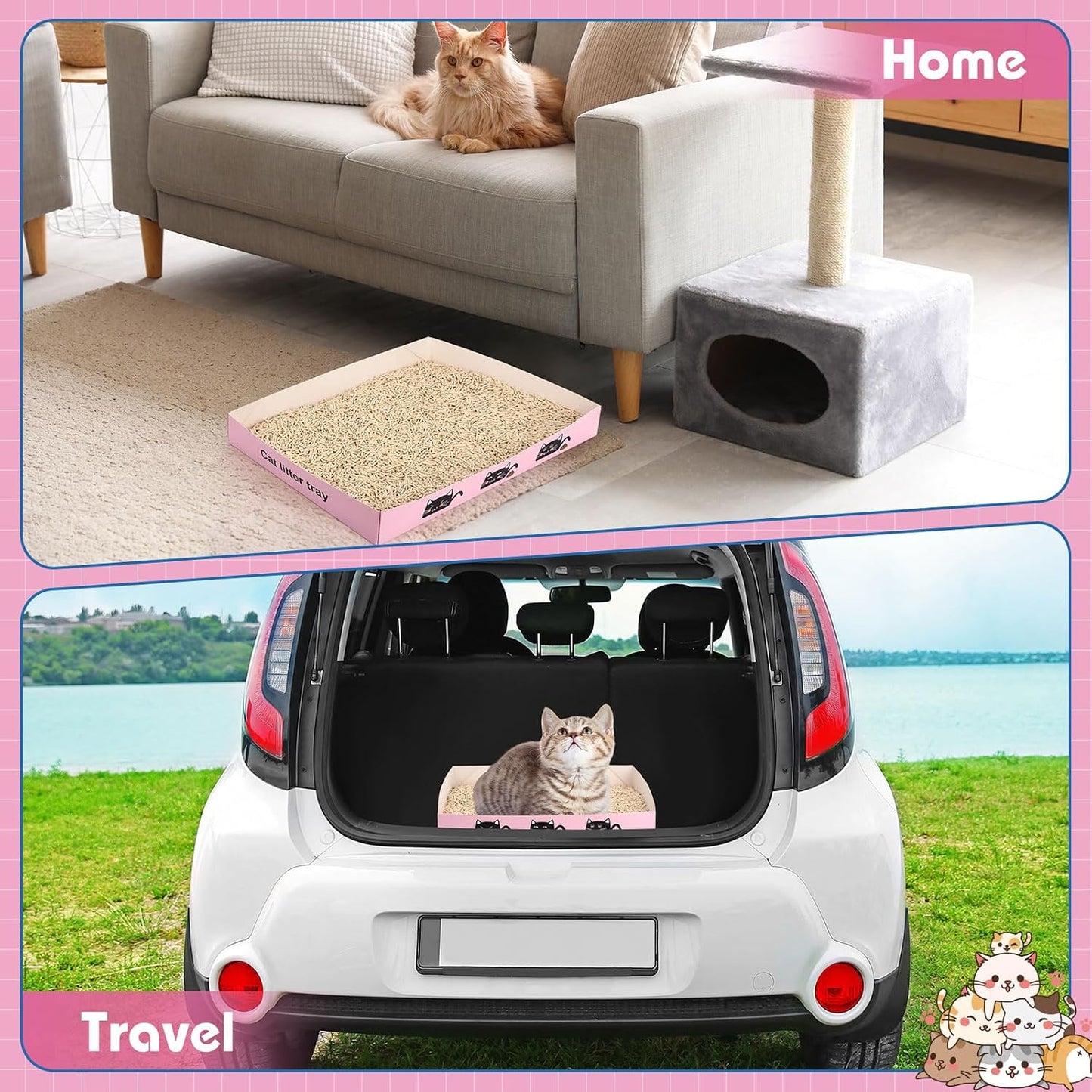Amyhill 60 Pack Disposable Litter Boxes for Cats, 30 Foldable Travel Kitty Litter Boxes & 30 Scoops, Portable Waterproof Cardboard Cat Trays for Small Pets, 13.8 x 10 x 2inch Pink