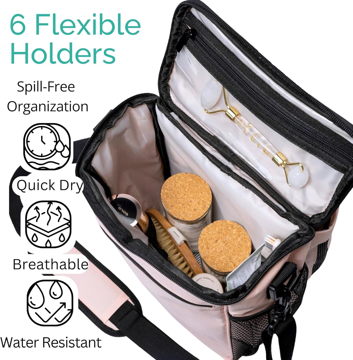 TERRA HOME XL Portable Shower Caddy Bag for Girls with Extra Storage, Durable Mesh Bottom, Shoulder Strap, Keychain Holder Shower Caddy Case for College Dorms - Travel Vacation Essentials (Blush Pink)