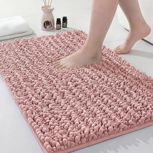 Disolla Small Bath Mat 17x24 Inch - Chenille Pink Bathroom Rug, Extra Soft Absorbent Plush Shaggy Bathmat, Non-Slip Machine Washable Floor Mat for Shower, Tub and Sink