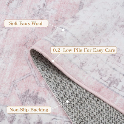 LIVEBOX Pink 5x7 Area Rug for Bedroom Girls, Boho Washable Rugs for Living Room Nursery, Non-Slip Indoor Soft Carpet Low-Pile Farmhouse Carpets for Dining Room Kids Playroom, Pink