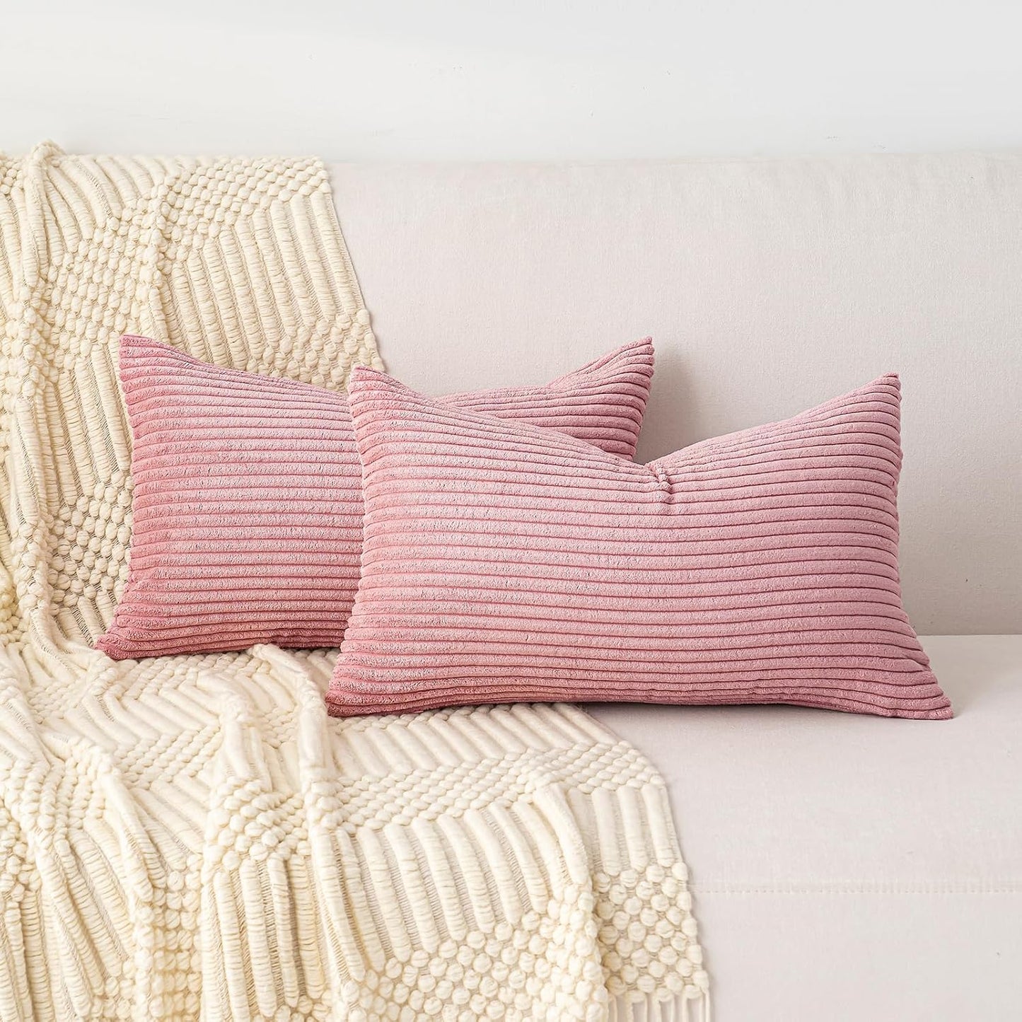 Set of 1 Lumbar Throw Pillow Cover 12x24 Inch Pink, Soft Striped Corduroy Cushion Case Modern Farmhouse Home Decor for Sofa Living Room Couch Bed