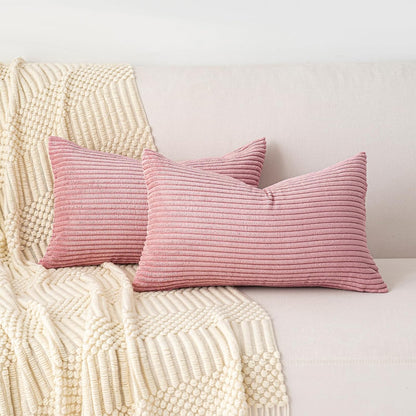 Set of 1 Lumbar Throw Pillow Cover 12x24 Inch Pink, Soft Striped Corduroy Cushion Case Modern Farmhouse Home Decor for Sofa Living Room Couch Bed