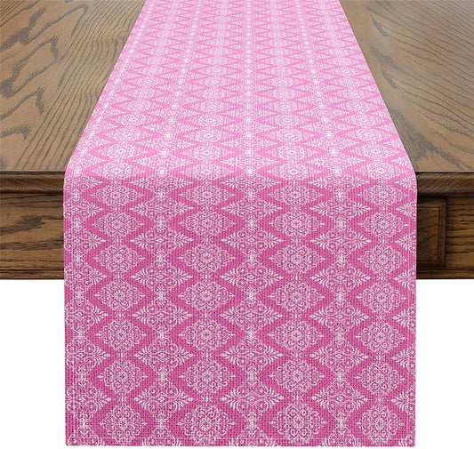 Damask Tabletop Decor for Kitchen Or Dining,Antique Victorian Baroque Boho Table Runners for Boys Teens Adult,Abstract Geometric Table Mat 13 X 60 Inches,Pink White