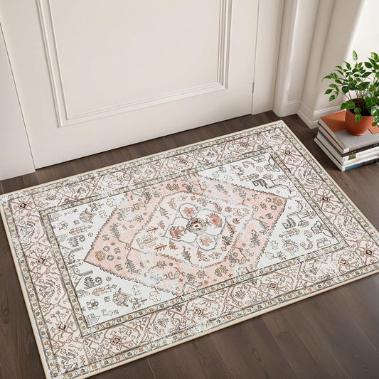 Lahome Boho Entryway Rugs Indoor - 2x3 Washable Area Rug Throw Small Rugs for Bedroom Girls Non-Slip Lightweight Bathroom, Vintage Print Floor Doormat Carpet for Kitchen Laundry Room Adelyn, Pink